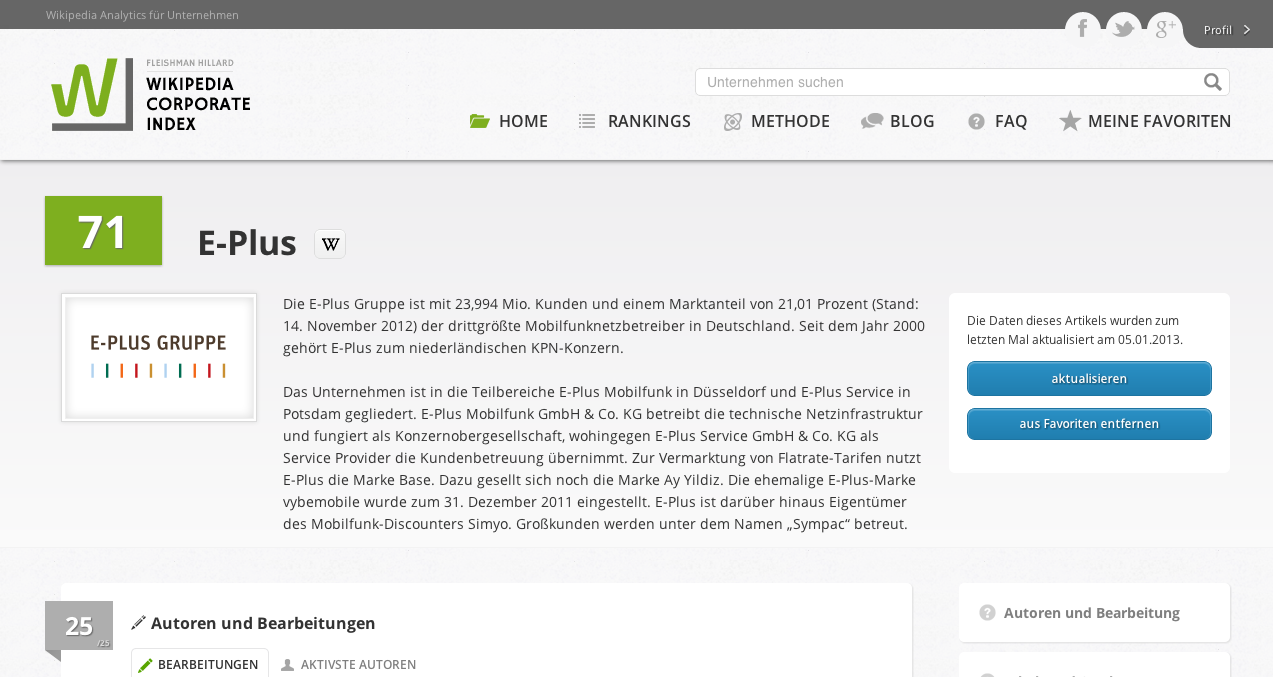 Die Profil-Seite der E-Plus Gruppe im Wikipedia Corporate Index