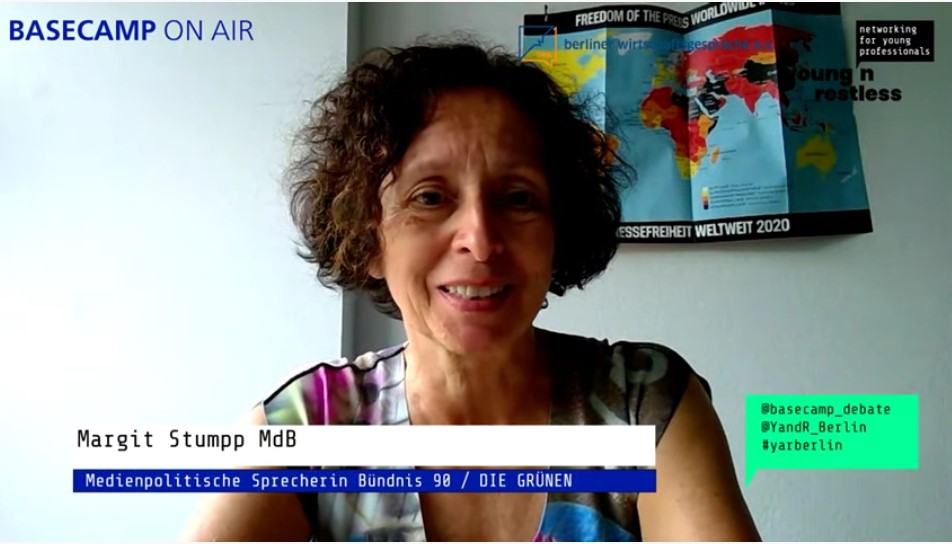 Screenshot der Veranstaltung: Margit Stumpp MdB, Politische Sprecherin für Medienpolitik, Bündnis 90 / DIE GRÜNEN